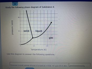 Study the following phase diagram of Substance X.
pressure (atm)
36-
18- solid
0
100
liquid
200
gas
temperature (K)
Use this diagram to answer the following questions.
Sunnose a small sample of pure X is held at -104 C and 19.6 atm