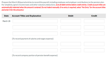 Prepare the March 28 journal entries to record the payroll, including employee and employer contributions to the pension plan.
For simplicity, ignore income taxes and other statutory deductions. (List all debit entries before credit entries. Credit account titles are
automatically indented when the amount is entered. Do not indent manually. If no entry is required, select "No Entry" for the account titles
and enter O for the amounts.)
Date Account Titles and Explanation
March 28
(To record payment of salaries and wages expense)
(To record company portion of pension benefit expense)
Debit
T
Credit