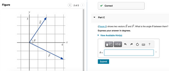 Figure
3
y
0
TE
F
4
<
2 of 2
Correct
Part C
(Figure 2) shows two vectors E and F. What is the angle between them?
Express your answer in degrees.
► View Available Hint(s)
0 =
Submit
VGI ΑΣΦ
?