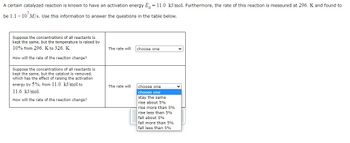 A certain catalyzed reaction is known to have an activation energy E= 11.0 kJ/mol. Furthermore, the rate of this reaction is measured at 296. K and found to
be 1.1 × 10 M/s. Use this information to answer the questions in the table below.
Suppose the concentrations of all reactants is
kept the same, but the temperature is raised by
10% from 296. K to 326. K.
How will the rate of the reaction change?
Suppose the concentrations of all reactants is
kept the same, but the catalyst is removed,
which has the effect of raising the activation
energy by 5%, from 11.0 kJ/mol to
11.6 kJ/mol.
How will the rate of the reaction change?
The rate will
The rate will
choose one
choose one
choose one
stay the same
rise about 5%
rise more than 5%
rise less than 5%
fall about 5%
fall more than 5%
fall less than 5%
V