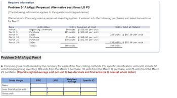 Required information
Problem 5-1A (Algo) Perpetual: Alternative cost flows LO P3
[The following information applies to the questions displayed below.]
Warnerwoods Company uses a perpetual inventory system. It entered into the following purchases and sales transactions
for March.
Date
March 1
March 5
March 91
March 18
March 25
March 29
Problem 5-1A (Algo) Part 4
Activities
Beginning inventory
Purchase
Sales
Purchase
Purchase
Sales
Totals
Gross Margin
Sales
Less: Cost of goods sold
Gross profit
FIFO
Units Acquired at Cost
@ $50.60 per unit
@ $55.60 per unit
LIFO
80 units
215 units
75 units
130 units
500 units
4. Compute gross profit earned by the company for each of the four costing methods. For specific identification, units sold include 55
beginning inventory, 185 uni from the March 5 purchase, 35 units from the March purchase, and 75 units from the March
units
25 purchase. (Round weighted average cost per unit to two decimals and final answers to nearest whole dollar.)
@ $60.60 per unit.
@ $62.60 per unit
Weighted
Average
Units Sold at Retail
Specific ID
240 units @ $85.60 per unit
110 units @ $95.60 per unit
350 units