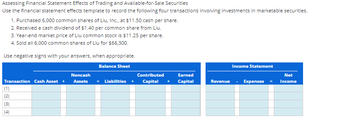 **Assessing Financial Statement Effects of Trading and Available-for-Sale Securities**

This template assists in recording four financial transactions involving investments in marketable securities. Below are the details of the transactions and how they impact the financial statements:

1. **Purchased 6,000 common shares of Liu, Inc., at $11.50 cash per share.**
2. **Received a cash dividend of $1.40 per common share from Liu.**
3. **Year-end market price of Liu common stock is $11.25 per share.**
4. **Sold all 6,000 common shares of Liu for $66,300.**

**Instructions:** Use negative signs for negative values when filling out the financial statement template.

### Financial Statement Template:

#### Balance Sheet:

- **Transaction Columns:**
  Each transaction is recorded in separate rows across the following columns:
  
  - **Cash Asset:** Changes in cash from transactions.
  - **Noncash Assets:** Changes in noncash assets.
  - **Liabilities:** Changes in liabilities.
  - **Contributed Capital:** Changes in contributed capital.
  - **Earned Capital:** Changes in earned capital.

#### Income Statement:

- **Transaction Columns:**
  Each transaction impacts the income statement in these areas:

  - **Revenue:** Income earned from transactions.
  - **Expenses:** Costs associated with transactions.
  - **Net Income:** Resulting net income from revenue minus expenses.

Use this template to track the impact of each transaction on both the Balance Sheet and Income Statement, ensuring a comprehensive understanding of their financial effects.