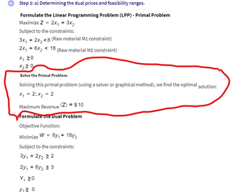 Step 1: a) Determining the dual prices and feasibility ranges.
Formulate the Linear Programming Problem (LPP) - Primal Problem
Maximize Z = 2x₁ + 3x₂
Subject to the constraints:
3x₁ + 2x₂ <8 (Raw material M1 constraint)
2x₁ + 6x₂ < 18 (Raw material M2 constraint)
X₁ 20
X₂ ≥ 0
Solve the Primal Problem
Solving this primal problem (using a solver or graphical method), we find the optimal solution:
x₁ = 2; x₂ = 2
Maximum Revenue
(Z) = $ 10
Formulate the Dual Problem
Objective Function:
Minimize W = 8y₁ + 18y/2
Subject to the constraints:
3y₁ + 2y₂ ≥ 2
2y₁ + 6y₂ ≥ 3
Y₁ 20
Y₂ ≥ 0