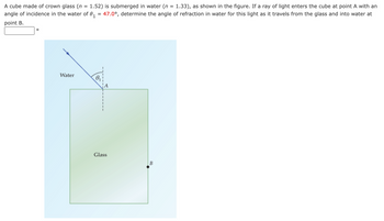 A cube made of crown glass (n = 1.52) is submerged in water (n = 1.33), as shown in the figure. If a ray of light enters the cube at point A with an
angle of incidence in the water of 0₁ = 47.0°, determine the angle of refraction in water for this light as it travels from the glass and into water at
point B.
O
Water
0₂₁
A
Glass
B