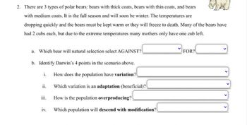 2. There are 3 types of polar bears: bears with thick coats, bears with thin coats, and bears
with medium coats. It is the fall season and will soon be winter. The temperatures are
dropping quickly and the bears must be kept warm or they will freeze to death. Many of the bears have
had 2 cubs each, but due to the extreme temperatures many mothers only have one cub left.
a. Which bear will natural selection select AGAINST?
b. Identify Darwin's 4 points in the scenario above.
i. How does the population have variation?
ii.
Which variation is an adaptation (beneficial)?
jii.
How is the population overproducing?
iv.
Which population will descend with modification?
FOR?