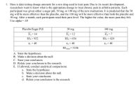 1. Here is data testing dosage amounts for a new drug used to treat pain. Due to its recent development,
researchers want to know what is the appropriate dosage to treat chronic pain in arthritis patients. Each
participant was given either a sugar pill, 50 mg, or 100 mg of the new medication. It is predicted that the 50
mg will be more effective than the placebo, and the 100 mg will be more effective than both the placebo and
50 mg. After a month, each participant rated their pain level. The higher the value, the more pain they felt.
Use alpha = .05
Placebo/Sugar Pill
50 mg
100 mg
X1 = 14
SS, = 932
X2 = 12
X3 = 7
SS2 = 654
SS3 = 620
ni = 40
n2 = 40
n3 = 40
SS Total
3106
A. State the hypotheses.
B. Make a decision about the null.
C. State your conclusion.
D. Relate your conclusion to the research.
E. If allowed, conduct analytical comparisons.
a. State the hypotheses.
b. Make a decision about the null.
c. State your conclusion.
d. Relate your conclusion to the research.
