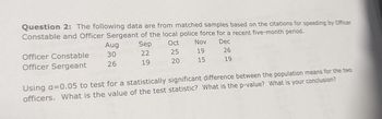 Question 2: The following data are from matched samples based on the citations for speeding by Officer
Constable and Officer Sergeant of the local police force for a recent five-month period.
Sep
Oct
Dec
22
25
19
20
Officer Constable
Officer Sergeant
Aug
30
26
Nov
19
15
26
19
Using a=0.05 to test for a statistically significant difference between the population means for the two
officers. What is the value of the test statistic? What is the p-value? What is your conclusion?