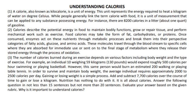 What Is The Text About Understanding Calories