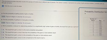 The accompanying table describes results from groups of 8 births from 8 different sets of parents. The random variable x represents the number of girls among 8 children. Complete parts (a)
through (d) below.
Click the icon to view the table.
a. Find the probability of getting exactly 6 girls in 8 births.
Probability Distribution for
X
0.101 (Type an integer or a decimal. Do not round.)
Number of
b. Find the probability of getting 6 or more girls in 8 births.
Girls x
P(x)
0
0.001
0.123 (Type an integer or a decimal. Do not round.)
1
0.021
2
0.101
c. Which probability is relevant for determining whether 6 is a significantly high number of girls in 8 births: the result from part (a) or part (b)?
3
0.232
4
0.290
5
0.232
OA. The result from part a, since it is the exact probability being asked.
6
0.101
OB. The result from part a, since it less than the probability of the given or more extreme result.
7
0.021
8
0.001
C. The result from part b, since it is the probability of the given or more extreme result.
D. The result from part b, since it is the complement of the result of part a.