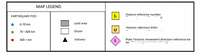 MAP LEGEND
Feature reference number
EARTHQUAKE FOCI
1.
Land area
0-70 km
Volcano reference letter
70 -300 km
Осean
Volcano
Plate Tectonic movement direction reference let-
ter ion ti
300 + km
