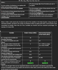 N = R, × f, × N, × f, ×f; ×ƒ. x L
where...
R* is the average rate of star formation per year in
our galaxy
N is the number of civilizations in our galaxy with
which communication is possible
f, is the fraction of those stars with planets
f is the fraction of those planets (from Ne) that
succeed in developing life
Fe is the fraction of those planets (from f;) with
intelligent life that develop interstellar
communication
Ne is the average number of those planets that may
develop an ecosystem
F, is the fraction of those planets (from Fi) with life
that develop intelligent life
Lis the average length of time such civilizations
survive and continue to send communications
Below is Table 1 with several sets of values for each of the variables in the Drake Equation. Using each set of
estimated variables, calculate N, the number of civilizations within our galaxy with which, communication could
conceivably be possible. Note that all of the f variables are fractions and thus represent percentages. For
example, 0.5 means 50%.
Variable
Drake's Values (1961)
Astronomical Society
of the Pacific (2011)
R, = average rate of suitable star
formation (star/year)
10
1
= fraction of suitable stars with
0.5
0.4
planets
Ne = average number of planets that
may develop ecosystems, per star that
has planets
fi = fraction of planets with ecosystems
that develop life
fi = fraction of planets with life that
develop intelligent life
f.= fraction of planet with intelligent life
that develop interstellar communication
L= average length of time a civilization
0.5- 2 (this is a range,
use a value of 0.75)
2
1
0.01
1
%3D
0.01
0.7
%3D
10,000
10, 000
survives and can communicate
N = number of civilizations within our
?
?
galaxy with which communi
possible
Here's a fun thought: There are two 'populateď planets in our solar system. One (Earth) is populated by
ion is
(question 5)
(question 6)
humans (or bipedal primates if you prefer) who learned to make robots, and the other (Mars) by robots made
by the humans on the first planet.
