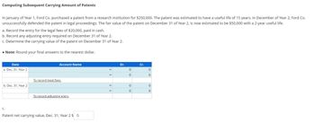Computing Subsequent Carrying Amount of Patents
In January of Year 1, Ford Co. purchased a patent from a research institution for $250,000. The patent was estimated to have a useful life of 15 years. In December of Year 2, Ford Co.
unsuccessfully defended the patent in legal proceedings. The fair value of the patent on December 31 of Year 2, is now estimated to be $50,000 with a 2-year useful life.
a. Record the entry for the legal fees of $20,000, paid in cash.
b. Record any adjusting entry required on December 31 of Year 2.
c. Determine the carrying value of the patent on December 31 of Year 2.
• Note: Round your final answers to the nearest dollar.
Date
a. Dec. 31, Year 2
b. Dec. 31, Year 2
C.
Account Name
To record legal fees.
To record adjusting entry.
Patent net carrying value, Dec. 31, Year 2 $ 0
>
>
Dr.
0
0
0
0
Cr.
0
O
O
O