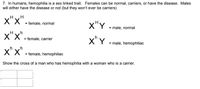 7. In humans, hemophilia is a sex linked trait. Females can be normal, carriers, or have the disease. Males
will either have the disease or not (but they won't ever be carriers)
HH
X X = female, normal
x"Y
= male, normal
x"x"
x" Y
= female, carrier
= male, hemophiliac
x" x"
= female, hemophiliac
Show the cross of a man who has hemophilia with a woman who is a carrier.
