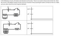 **Educational Content on RL Circuits**

In the following two circuits, all resistors and inductors are the same. Initially, there is no current in the circuits at time \( t=0 \). Your task is to draw the current in the battery's branch of each circuit as a function of time, assuming the switch is thrown at time \( t=0 \). Ensure your plots depict the correct long-term behavior.

### Circuit Diagrams:

#### First Circuit (Top):
- The circuit consists of a battery (\( \epsilon \)), a resistor, an inductor, and a switch.
- Upon closing the switch at \( t=0 \), the current begins to flow, affected by the resistance and inductance.

#### Second Circuit (Bottom):
- Similar to the top circuit, this one also includes a battery (\( \epsilon \)), a resistor, an inductor, and a switch.
- When the switch is closed at \( t=0 \), the behavior mirrors the first circuit initially, with the current developing over time due to the resistance and inductance present.

### Graphs to Illustrate Current Over Time:

For both circuits, the right-hand side contains graphs representing current as a function of time:

- **Vertical Axis (Current):**
  - Points marked at \( \frac{2\epsilon}{R} \) and \( \frac{\epsilon}{R} \).

- **Horizontal Axis (Time):**
  - Time progresses to the right, showing how current stabilizes over time.

Both circuits display curves that start from zero current and adjust according to the characteristics of the resistor and inductor, illustrating how the current stabilizes to its final value over time. The graphs should show an exponential rise in current as \( t \) increases, ultimately reaching the steady-state where the inductor behaves like a short circuit. 

For educational purposes, note how the inductance initially resists changes in current, causing the exponential growth and eventual settling of the current at long-term values.