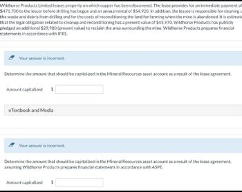 Wildhorse Products Limited leases property on which copper has been discovered. The lease provides for an immediate payment of
$471,700 to the lessor before drilling has begun and an annual rental of $54,920. In addition, the lessee is responsible for cleaning u
the waste and debris from drilling and for the costs of reconditioning the land for farming when the mine is abandoned. It is estimate
that the legal obligation related to cleanup and reconditioning has a present value of $45,970. Wildhorse Products has publicly
pledged an additional $29,980 (present value) to reclaim the area surrounding the mine. Wildhorse Products prepares financial
statements in accordance with IFRS.
Your answer is incorrect.
Determine the amount that should be capitalized in the Mineral Resources asset account as a result of the lease agreement.
Amount capitalized $
eTextbook and Media
Your answer is incorrect.
Determine the amount that should be capitalized in the Mineral Resources asset account as a result of the lease agreement,
assuming Wildhorse Products prepares financial statements in accordance with ASPE.
Amount capitalized $
