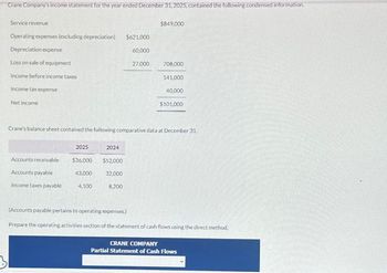 Crane Company's income statement for the year ended December 31, 2025, contained the following condensed information.
Service revenue
Operating expenses (excluding depreciation) $621,000
Depreciation expense
Loss on sale of equipment
Income before income taxes
Income tax expense
Net income
$849,000
60,000
27,000
708,000
141,000
40,000
$101,000
Crane's balance sheet contained the following comparative data at December 31.
2025
2024
Accounts receivable
$36,000
$52,000
Accounts payable
43,000
32,000
Income taxes payable
4,100
8.200
(Accounts payable pertains to operating expenses.)
Prepare the operating activities section of the statement of cash flows using the direct method.
CRANE COMPANY
Partial Statement of Cash Flows