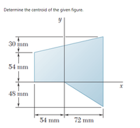 Determine the centroid of the given figure.
30 mm
54 mm
x
48 mm
54 mm
72 mm
