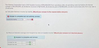 The Dakota Corporation had a 2021 taxable income of $15,000,000 from operations after all operating costs but before (1) interest
charges of $3,300,000. (2) dividends received of $270,000, (3) dividends paid of $1,950,000, and (4) income taxes (the firm's tax rate is
21 percent).
a. Calculate Dakota's income tax liability. (Round your answer to the nearest dollar amount.)
Answer is complete but not entirely correct.
Income tax liability
$1,178,100
b. What are Dakota's average and marginal tax rates on taxable income? (Round your answers to 2 decimal places.)
Answer is complete and correct.
Average tax rate
Marginal tax rate
21.00%
21.00 %