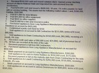 **Transaction Analysis for Educational Purposes**

Here's a detailed analysis of a series of financial transactions:

a. **Capital Infusion:**
   - Received $500,000 in cash and issued common stock. 
   - Opened a new checking account at Atlanta National Bank and deposited the cash received from stockholders.

b. **Asset Acquisition:**
   - Paid $200,000 in cash and issued a $400,000, 10-year, 5% notes payable to acquire land with an existing building.
   - Asset market values: Land: $100,000; Building: $500,000.

c. **Store Fixtures Purchase:**
   - Paid $75,000 for new store fixtures.

d. **Office Equipment Purchase:**
   - Paid $45,000 for office equipment.

e. **Office Supplies Purchase:**
   - Paid $600 for office supplies.

f. **Insurance Policy:**
   - Paid $3,600 for a two-year insurance policy.

g. **Inventory Purchase:**
   - Purchased $425,000 worth of appliances from Long Appliance Manufacturers on account.

h. **Petty Cash Fund:**
   - Established a petty cash fund of $150.

i. **Credit Sale:**
   - Sold $215,000 worth of appliances to Bill Contractors, with terms n/30 (cost: $86,000).

j. **Promissory Note:**
   - Sold $150,000 worth of appliances to Down Contracting (cost: $65,000), receiving a 6-month, 8% note.

k. **Credit Card Sales:**
   - Recorded $80,000 in credit card sales (cost: $35,000), net of a 2% processor fee.

l. **Accounts Receivable Collection:**
   - Received full payment from Bill Contractors.

m. **Additional Inventory Purchase:**
   - Purchased $650,000 worth of appliances from Long Appliance Manufacturers on account.

n. **Account Payment:**
   - Made a $300,000 payment on account to Long Appliance Manufacturers.

o. **Cash Sale:**
   - Sold appliances to Home Builders for $350,000 in cash (cost: $175,000).

p. **Note Receivable Collection:**
   - Received full payment on the maturity date from Down Contracting for the note.

q. **Additional Sales via Promissory Note:**
   - Sold $265,000 worth of appliances