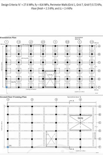 5@4 m = 20 m
504m = 20 m
Design Criteria: fc=27.6 MPa, fy = 414 MPa, Perimeter Walls (Grid 1, Grid 7, Grid F) 0.72 KPa,
Floor finish 1.5 KPa, and LL = 2.4 KPa
Foundation Plan
1.5
300 mm-
Symmetrical
about G
3.5
300 mm basement wall around perimeter
어
4.5
300 mm
slab on grade
Second Floor Framing Plan
footing tie beams
lift pit
300 mm
12 @5m 60 m
Symmetrical about
Opening
12 @5 m = 60 m
L