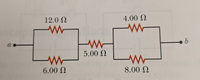 The image presents an electrical circuit diagram featuring resistors arranged in a combination of series and parallel connections. 

**Description of the Circuit:**

- The circuit begins at point \( a \).
- Two resistors, 12.0 Ω and 6.0 Ω, are connected in parallel. 
- These parallel resistors lead to a 5.0 Ω resistor, which is in series with them.
- After the 5.0 Ω resistor, there is another pair of resistors, 4.0 Ω and 8.0 Ω, connected in parallel.
- Finally, the circuit ends at point \( b \).

This configuration demonstrates a mixed series-parallel circuit, useful for understanding the calculation of equivalent resistance in complex circuits.