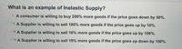 What is an example of Inelastic Supply?
CLA consumer is willing to buy 200% more goods if the price goes down by 50%.
O. A Supplier is willing to sell 100% more goods if the price goes up by 10%.
.A Supplier is willing to sell 10% more goods if the price goes up by 100%.
N.A Supplier is willing to sell 10% more goods if the price goes up down by 100%.
