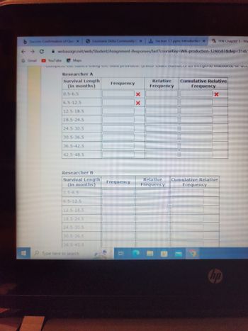 b Success Confirmation of Que X
←
G Gmail
webassign.net/web/Student/Assignment-Responses/last?courseKey-WA-production-1240587&dep=31461
Louisiana Delta Community CX
YouTube
Maps
compicit the topics usmig te vraca provrace. (Errccr cxact Trumpcra da incegera, fractions, or acc
Researcher A
Survival Length
(in months)
0.5-6.5
6.5-12.5
12.5-18.5
18.5-24.5
24.5-30.5
30.5-36.5
36.5-42.5
42.5-48.5
Researcher B
Survival Length
(in months)
0.5-6.5
6.5-12.5
12.5-18.5
18.5-24.5
24.5-30.5
30.5-36.5
36.5-45.5
Type here to search
Frequency
Section 1.1.pptx: Introduction X WHW Chapter 1 - Ma
Frequency
X
X
Relative Cumulative Relative
Frequency
Relative
Frequency
Frequency
X
Cumulative Relative
Frequency