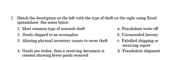 1. Match the description on the left with the type of theft on the right using Excel
spreadsheet. See notes below.
1. Most common type of noncash theft
2. Goods shipped to an accomplice
3. Altering physical inventory counts to cover theft
4. Goods are stolen, then a receiving document is
created showing fewer goods received
a. Fraudulent write-off
b. Unconcealed larceny
c. Falsified shipping or
receiving report
d. Fraudulent shipment