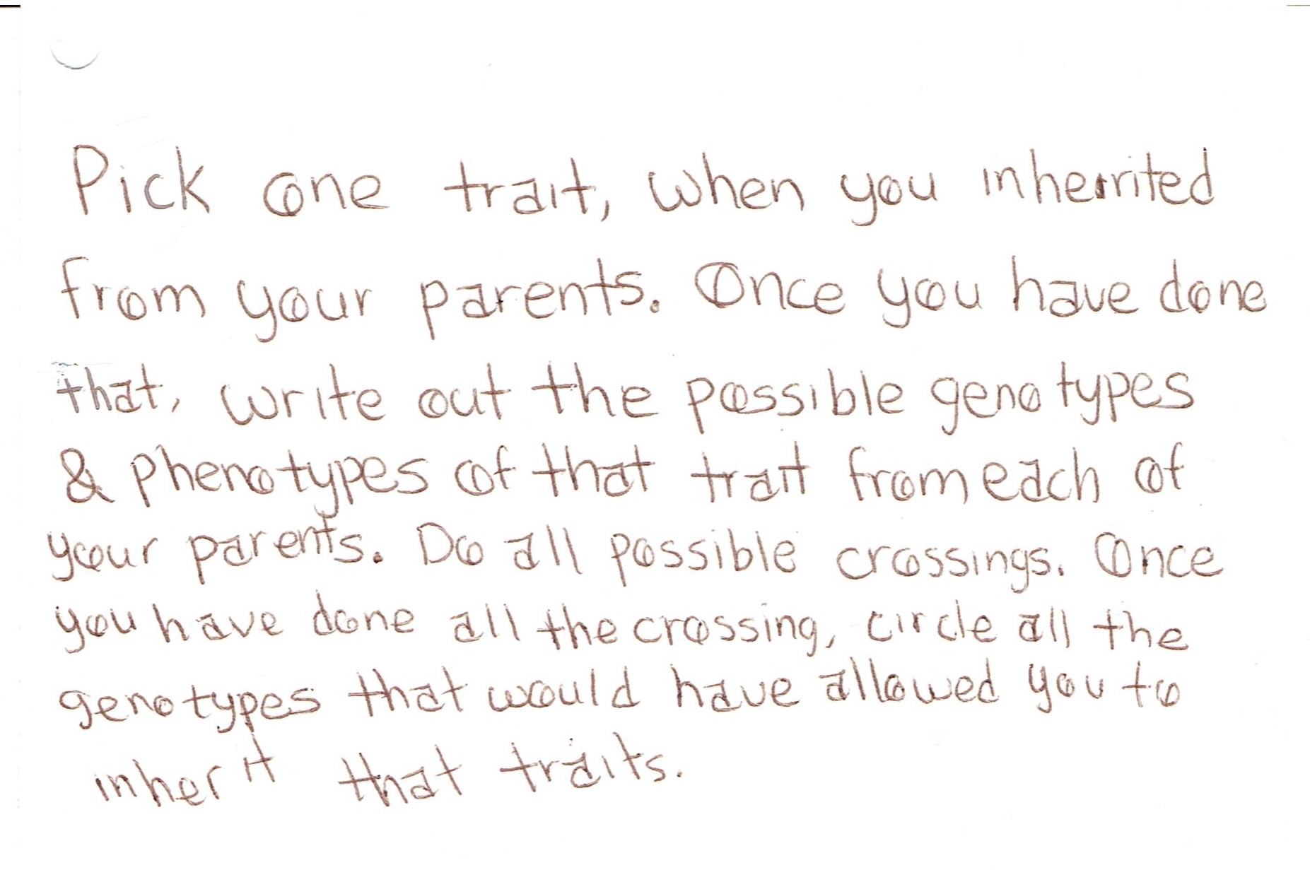 Pick one trait, when
you
inherited
from your parents, Once you have done
that, write out the possible geno types
& Pheno types of that trat fromeach of
ycour parents, Do all possible crossings. Once
you have done all the crossing, circle all the
genotypes Hhat would haue allowed youta
inher it Hhat tráits.
