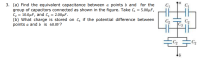 (a) Find the equivalent capacitance between a points b and for the
group of capacitors connected as shown in the figure. Take C, = 5.00µF,
C2 = 10.0µF, and Cz = 2.00µF.
(b) What charge is stored on C, if the potential difference between
points a and b is 60.0V?
C2
C2
|C3
C2
C2
