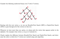 Consider the following undirected binary tree T with 17 vertices.
a
lo
Starting with the root vertex a, we can use Breadth-First Search (BFS) or Depth-First Search
(DFS) to pass through all of the vertices in this tree.
Whenever we have more than one option, we always pick the vertex that appears earlier in the
alphabet. For example, from vertex a, we go to b instead of c.
Clearly explain the difference between Breadth-First Search and Depth-First Search, and deter-
mine the order in which the 17 vertices are reached using each algorithm.
