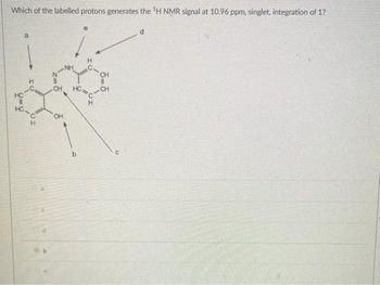 Which of the labelled protons generates the 'H NMR signal at 10.96 ppm, singlet, integration of 1?
HC
HC
a
H
C
CH
N
CH
OH
NH
H
HO=0
b
H
CH
어
CH
С