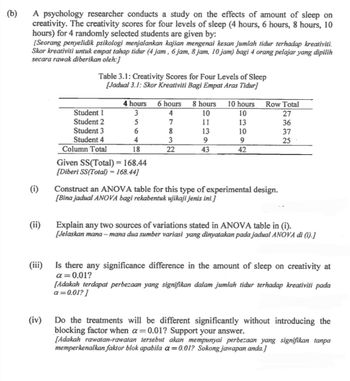 (b)
A psychology researcher conducts a study on the effects of amount of sleep on
creativity. The creativity scores for four levels of sleep (4 hours, 6 hours, 8 hours, 10
hours) for 4 randomly selected students are given by:
[Seorang penyelidik psikologi menjalankan kajian mengenai kesan jumlah tidur terhadap kreativiti.
Skor kreativiti untuk empat tahap tidur (4 jam, 6 jam, 8 jam, 10 jam) bagi 4 orang pelajar yang dipilih
secara rawak diberikan oleh:]
(i)
(ii)
Table 3.1: Creativity Scores for Four Levels of Sleep
[Jadual 3.1: Skor Kreativiti Bagi Empat Aras Tidur]
(iv)
Student 1
Student 2
Student 3
Student 4
Column Total
4 hours 6 hours
3
4
5
7
6
8
3
22
4
18
Given SS(Total) = 168.44
[Diberi SS(Total) = 168.44]
8 hours 10 hours
10
10
11
13
13
10
9
9
43
42
Row Total
27
36
Construct an ANOVA table for this type of experimental design.
[Bina jadual ANOVA bagi rekabentuk ujikaji jenis ini.]
37
25
Explain any two sources of variations stated in ANOVA table in (i).
[Jelaskan mana-mana dua sumber variasi yang dinyatakan pada jadual ANOVA di (i).]
(iii)
Is there any significance difference in the amount of sleep on creativity at
α=0.01?
[Adakah terdapat perbezaan yang signifikan dalam jumlah tidur terhadap kreativiti pada
a=0.01?]
Do the treatments will be different significantly without introducing the
blocking factor when a=0.01? Support your answer.
[Adakah rawatan-rawatan tersebut akan mempunyai perbezaan yang signifikan tanpa
memperkenalkan faktor blok apabila a=0.01? Sokong jawapan anda.]