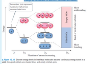 Remember, dots represent
nuclei and half-arrows
Most
represent electrons.
antibonding
11
11
Most
bonding
Li
Lio
Liz
Number of atoms increasing
Lių
A Figure 12.22 Discrete energy levels in individual molecules become continuous energy bands in a
solid. Occupied orbitals are shaded blue, and empty orbitals pink.
Energy
Filled MOs
Empty MOs
Band of molecular orbitals
