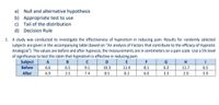 a) Null and alternative hypothesis
b) Appropriate test to use
c) Tail of the distribution
d) Decision Rule
1. A study was conducted to investigate the effectiveness of hypnotism in reducing pain. Results for randomly selected
subjects are given in the accompanying table (based on “An analysis of Factors that contribute to the efficacy of Hypnotic
Analegsia"). The values are before and after hypnosis; the measurements are in centimeters on a pain scale. Use a 5% level
of significance to test the claim that hypnotism is effective in reducing pain.
Subject
Before
B
D
E
F
G
H
6.6
6.5
9.1
10.3
11.4
8.1
6.3
11.7
6.5
After
6.9
2.5
7.4
8.5
8.2
6.0
3.3
2.0
5.9
63.
