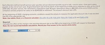 Sachs Brands's defined benefit pension plan specifies annual retirement benefits equal to 1.4 % x service years x final year's salary,
payable at the end of each year. Angela Davenport was hired by Sachs at the beginning of 2010 and is expected to retire at the end of
2044 after 35 years' service. Her retirement is expected to span 18 years. Davenport's salary is $82,000 at the end of 2024 and the
company's actuary projects her salary to be $240,000 at retirement. The actuary's discount rate is 8%.
At the beginning of 2025, changing economic conditions caused the actuary to reassess the applicable discount rate. It was decided
that 9% is the appropriate rate.
Note: Use tables, Excel, or a financial calculator. (FV of $1, PV of $1, FVA of $1. PVA of $1, FVAD of $1 and PVAD of $1)
Required:
Calculate the effect of the change in the assumed discount rate on the PBO at the beginning of 2025 with respect to Davenport.
Note: Do not round intermediate calculations. Round your final answer to the nearest whole dollar.
The
gain
on PBO is
$
31,156