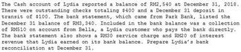 The Cash account of Lydia reported a balance of RM2, 540 at December 31, 2018.
There were outstanding checks totaling $400 and a December 31 deposit in
transit of $100. The bank statement, which came from Park Bank, listed the
December 31 balance of RM3, 340. Included in the bank balance was a collection
of RM510 on account from Bella, a Lydia customer who pays the bank directly.
The bank statement also shows a RM30 service charge and RM20 of interest
revenue that Lydia earned on its bank balance. Prepare Lydia's bank
reconciliation at December 31.