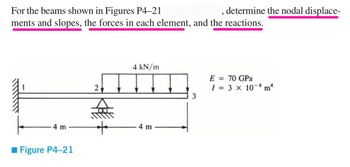 For the beams shown in Figures P4-21
ments and slopes, the forces in each element, and the reactions.
-4 m
■Figure P4-21
2
KHE
4 kN/m
4 m
determine the nodal displace-
3
E = 70 GPa
1 = 3 x 10-4 m²