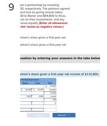 9
jan a partnership by investing
00, respectively. The partners agreed
and loss by giving annual salary
00 to Ramer and $44,800 to Knox,
ces on their investments, and any
nared equally. (Enter all allowances
Enter losses as negative values.)
artner's share given a first-year net
artner's share given a first-year net
uestion by entering your answers in the tabs below
artner's share given a first-year net income of $110,800.
of Partnership Income
Ramer
Knox
Total
56,000 $ 44,800
5,600
4,800
< Required 1
$
$
110,800
100,800
10,000
10,400
400
0
Required 2