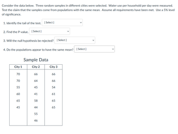 Consider the data below. Three random samples in different cities were selected. Water use per household per day were measured.
Test the claim that the samples come from populations with the same mean. Assume all requirements have been met. Use a 5% level
of significance.
1. Identify the tail of the test. [ Select ]
2. Find the P-value.
[ Select ]
3. Will the null hypothesis be rejected? [ Select ]
4. Do the populations appear to have the same mean?
[ Select ]
Sample Data
City 1
City 2
City 3
70
66
66
70
64
66
55
45
54
60
41
61
65
58
65
45
44
65
55
46
