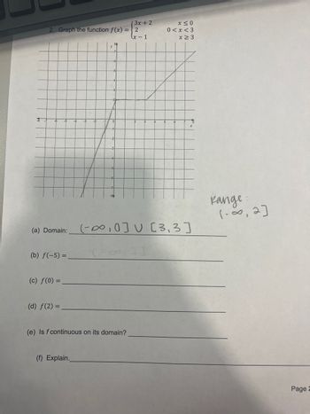 2. Graph the function f(x) = 2
(x - 1
(a) Domain:
(b) f(-5) =
(c) f(0) =
(d) f(2)=
y
(f) Explain.
(3x + 2
(e) Is f continuous on its domain?
x ≤ 0
0<x<3
x ≥ 3
400 ×
8
(-∞,0] U [3,3]
канде:
(-∞, 2]
Page 2