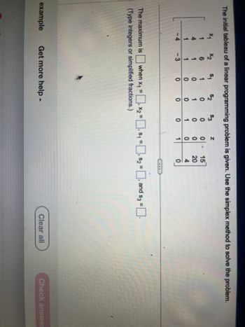 The initial tableau of a linear programming problem is given. Use the simplex method to solve the problem.
x₁
X2
51
$2
53
Z
1
6
1
0
0
0
15
4
1
0
1
0
0
20
1
1
0
0
1
0
4
-4
-3
0
0
0
1
0
The maximum is when x₁ = ☐ x2 = ☐. S₁ = ☐, 52 = ☐, and S3 = ☐
(Type integers or simplified fractions.)
51
example Get more help -
Clear all
Check answer