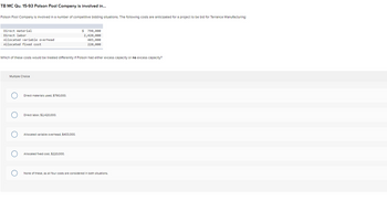 TB MC Qu. 15-93 Polson Pool Company is involved in...
Polson Pool Company is involved in a number of competitive bidding situations. The following costs are anticipated for a project to be bid for Terrance Manufacturing:
Direct material
Direct labor
Allocated variable overhead
Allocated fixed cost
Which of these costs would be treated differently If Polson had either excess capacity or no excess capacity?
Multiple Choice
Direct materials used, $790,000.
Direct labor, $2,420,000.
Allocated variable overhead, $403,000.
$ 790,000
2,420,000
403,000
220,000
Allocated fixed cost, $220,000.
None of these, as all four costs are considered in both situations.