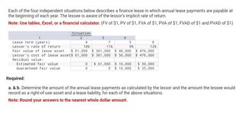 Each of the four independent situations below describes a finance lease in which annual lease payments are payable at
the beginning of each year. The lessee is aware of the lessor's implicit rate of return.
Note: Use tables, Excel, or a financial calculator. (FV of $1, PV of $1, FVA of $1, PVA of $1, FVAD of $1 and PVAD of $1)
Situation
1
Lease term (years)
Lessor's rate of return
Fair value of lease asset $ 61,000 $361,000 $86,000
Lessor's cost of lease asset$ 61,000 $361,000 $ 56,000
Residual value:
$61,000
Estimated fair value
Guaranteed fair value
4
10%
3
0
0
4
7
11%
5
9%
8
12%
$ 476,000
$ 476,000
$18,000 $ 30,000
0 $ 18,000 $ 35,000
Required:
a. & b. Determine the amount of the annual lease payments as calculated by the lessor and the amount the lessee would
record as a right-of-use asset and a lease liability, for each of the above situations.
Note: Round your answers to the nearest whole dollar amount.