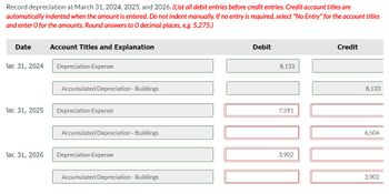 Record depreciation at March 31, 2024, 2025, and 2026. (List all debit entries before credit entries. Credit account titles are
automatically indented when the amount is entered. Do not indent manually. If no entry is required, select "No Entry" for the account titles
and enter O for the amounts. Round answers to O decimal places, e.g. 5,275.)
Date
lar. 31, 2024
lar. 31, 2025
lar. 31, 2026
Account Titles and Explanation
Depreciation Expense
Accumulated Depreciation - Buildings
Depreciation Expense
Accumulated Depreciation - Buildings
Depreciation Expense
Accumulated Depreciation - Buildings
Debit
8,133
7,591
3,902
Credit
8,133
6,504
3,902