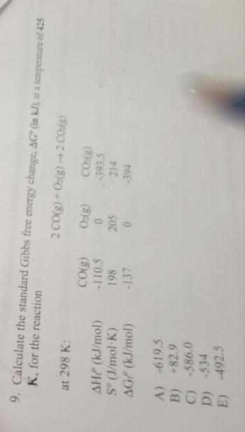 K, for the reaction
9. Calculate the standard Gibbs free energy change, AG* (in kJ), at a temperature of 425
2 CO(g) + O₂(g) → 2 CO(g)
O2(g)
CO:(g)
at 298 K:
AH? (kJ/mol)
Sº (J/mol K)
AG (kJ/mol)
A) -619.5
B) +82.9
C) -586.0
D) -534
E) -492.5
CO(g)
-110.5
198
-137
0-393.5
214
205
0
-394