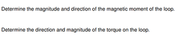 Determine the magnitude and direction of the magnetic moment of the loop.
Determine the direction and magnitude of the torque on the loop.