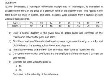 QUESTION
Quality Beverages, a non-liquor wholesaler incorporated in Washington, is interested in
assessing the effect of the price of a premium juice on the quantity sold. The results in the
table below on price, in dollars, and sales, in cases, were obtained from a sample of eight
weeks of sales records.
Price, x
Sales, y
19
20
24
21
18
19
17
27
12
14
18
13
10
15
29
25
a) Draw a scatter diagram of the given data on graph paper and comment on the
relationship between the price and sales.
b) Find the equation of the estimated least squares regression line of y = a + bx and
plot the line on the same graph as the scatter diagram.
c) Interpret the values of a and b in your estimated least squares regression line.
d) Compute the correlation coefficient and the coefficient of determination. Comment on
your results.
e) Estimate the sales when the price is
i. 16.
ii. 33.
Comment on the reliability of the estimates.