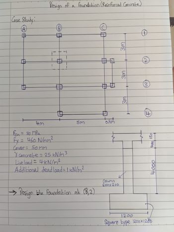 Case Study i
0
119
F
Design of a foundation (Reinforced Concrete)
4m
Fou = 30 MPa
fx = 460 N/mm ²
1
5m
Cover = 50 MM.
Y concrete = 25 kN/m³
Live load = 4 kN/m²
Additional dead load = 1 kN/m²
→ Design the foundation at (B₁2)
6
HO
0.9m
WE
Column
200x200
-
3m
8
+
WE
H
O
++
(N)
3
1+
400 150
4000
1200
Square type 1200x1280