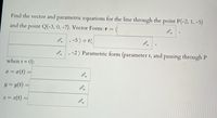 Find the vector and parametric equations for the line through the point P(-2, 1, –5)
and the point Q(-3, 0, -7). Vector Form: r =
, -5 ) + t(
-2) Parametric form (parameter t, and passing through P
when t =
0):
x = x(t) =
y = y(t) =
z = z(t) =
!!
